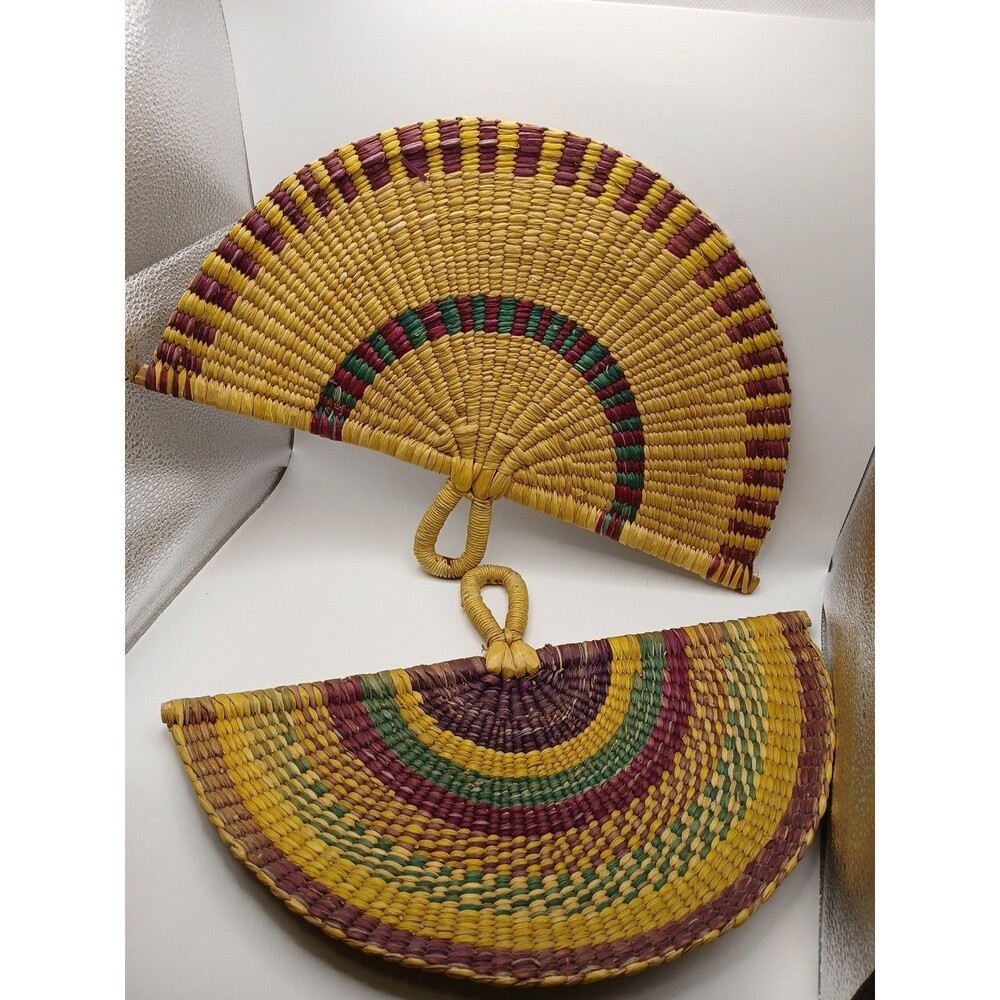 Woven Wicker Hand Fans Handmade Set of 2 Natural Straw Wicker Fan Boho Raffia - Picture 3 of 8